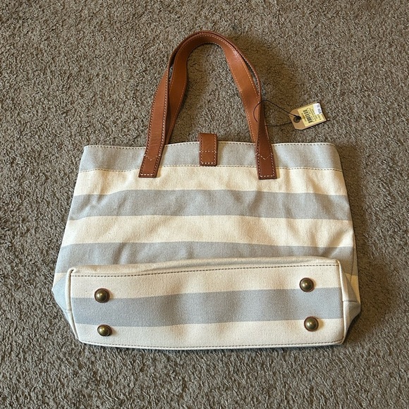 NWT Austin Shopper Gray Stripe Women’s Tote Shoulder Bag Cow Hide Leather Brass - Picture 2 of 12